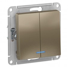 Выключатель двухклавишный Schneider Electric AtlasDesign 10A 250V с подсветкой шампань ATN000553